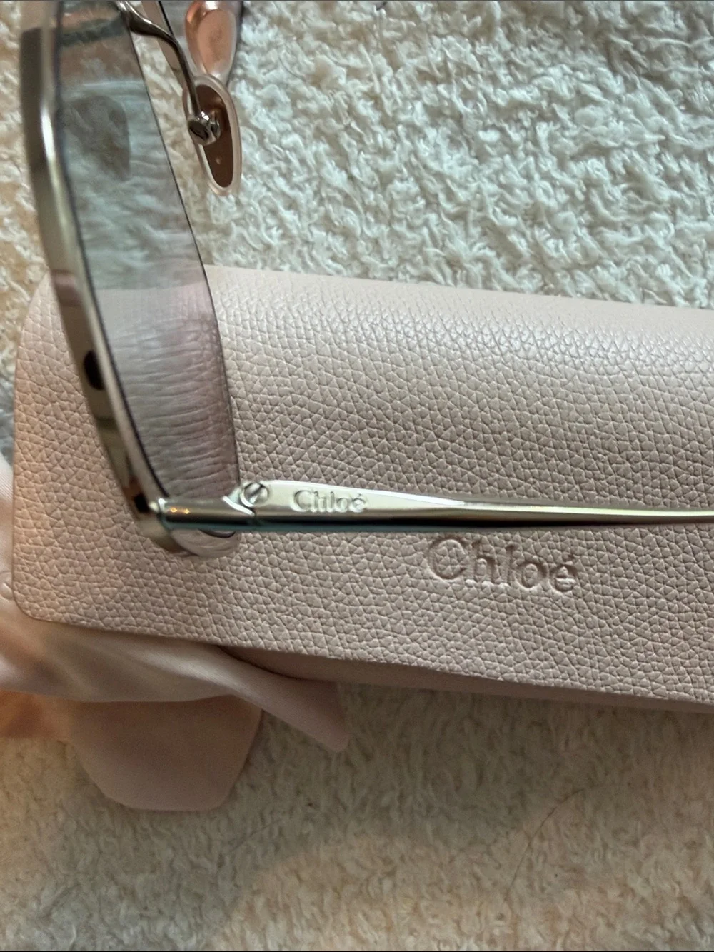Chloe Silver Frame Sunglasses with Teal Gradient Lenses and pink Case